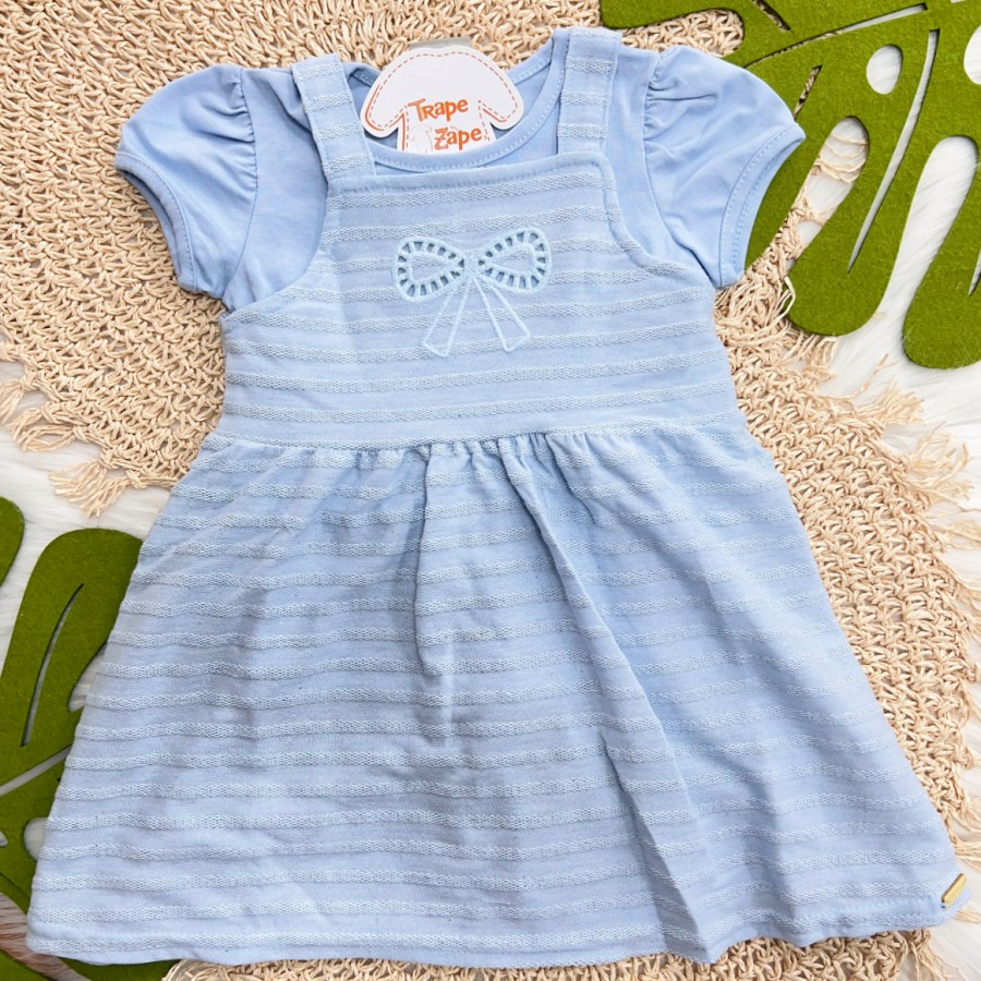 Conj. Blusa Manga Curta e Vestido em Linho com Laço em Lese - Azul Claro